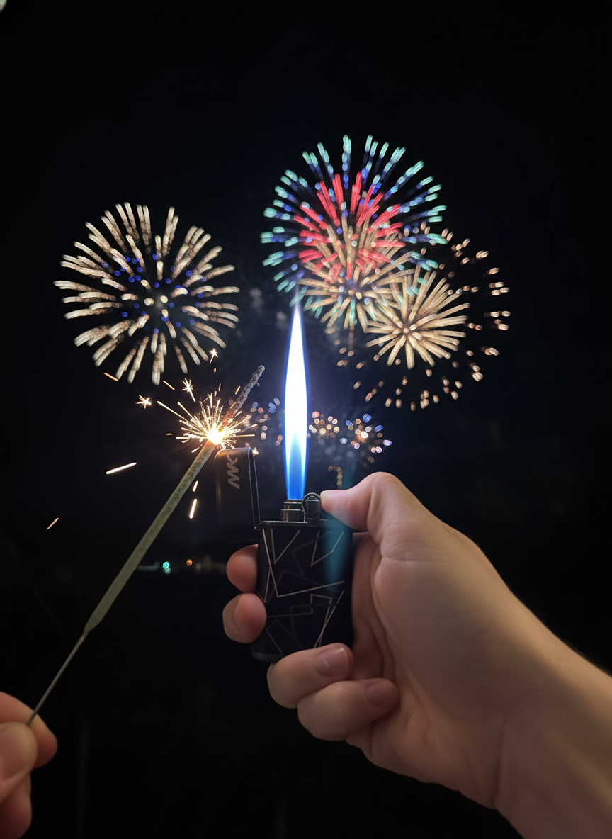 Lighter med blå jetflamme tænder fyrværkeri